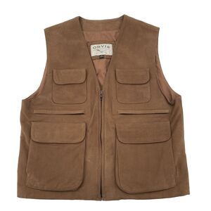 Orvis Suede Leather Vest Mens Medium Brown 8 Pockets‎